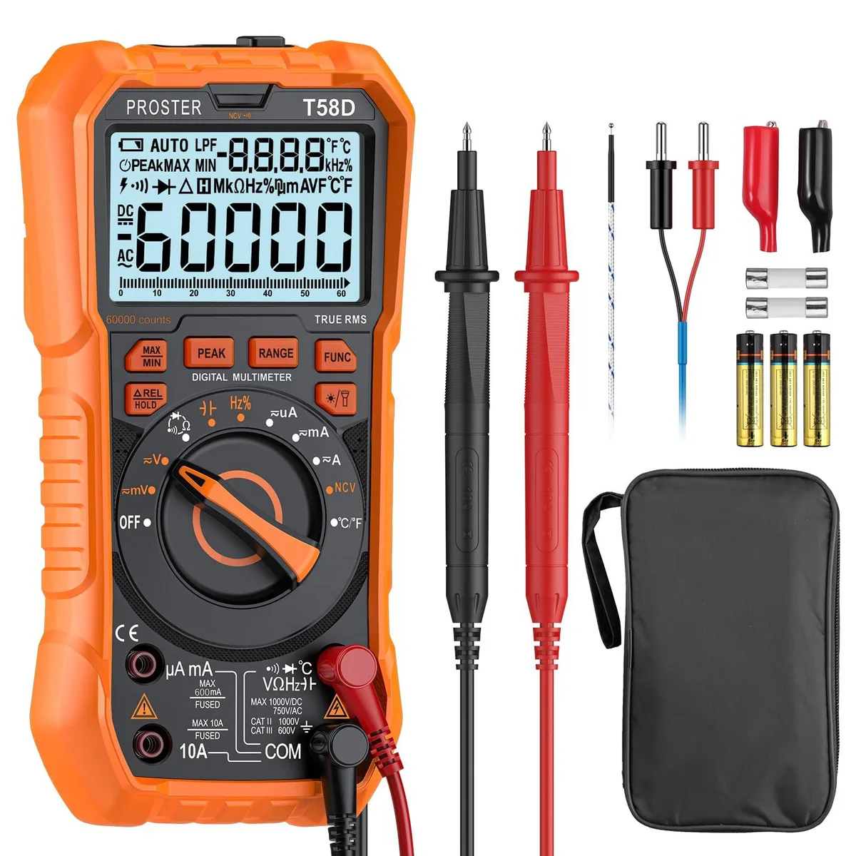 Orange digital multimeter with large LCD display, yellow rubber holster, test leads and alligator clips