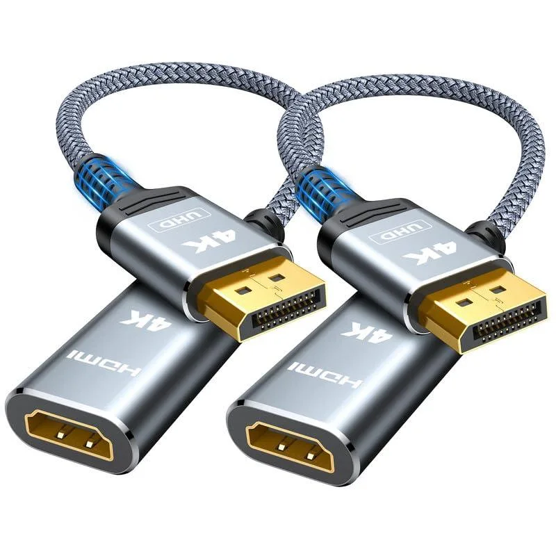 Two grey DisplayPort to HDMI adapters with braided cables