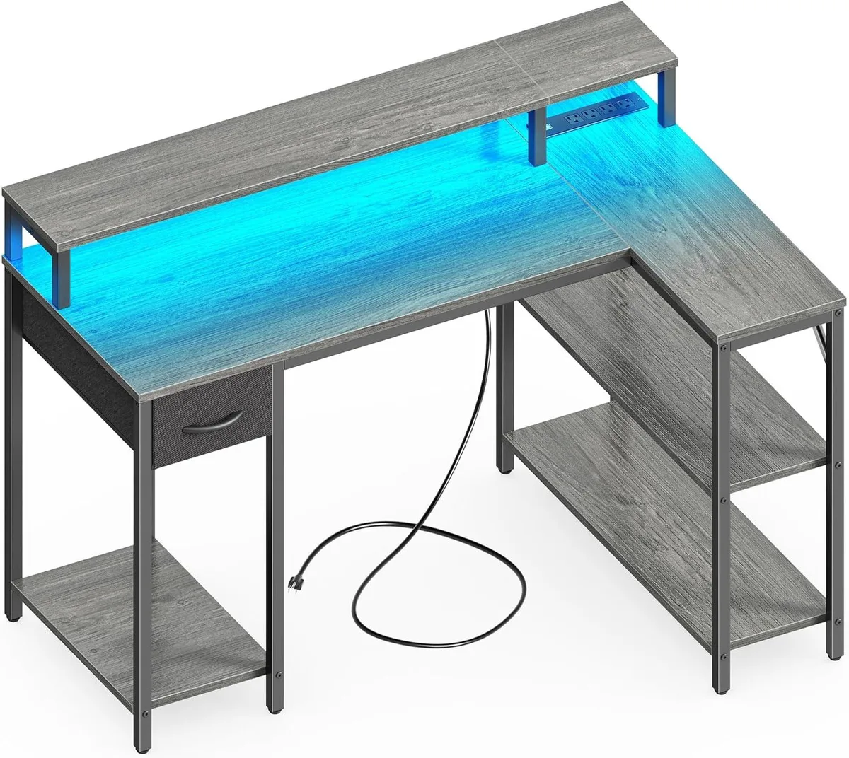 PISKEKAT PISKEKAT L-shaped desk with LED lights, power outlets, shelves, drawer, grey — product photo