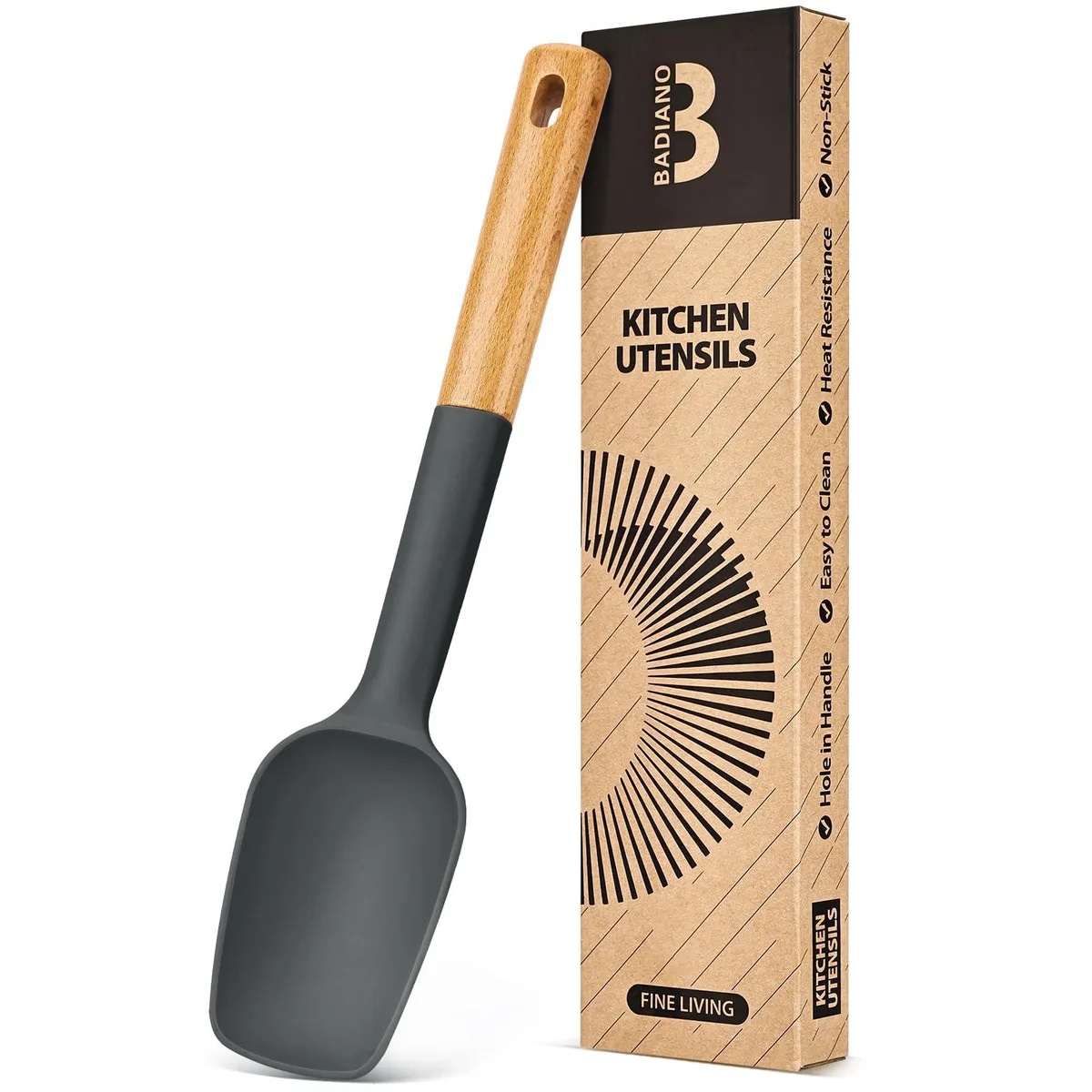 Grey silicone spoon spatula with wooden handle, 11.4 inches long