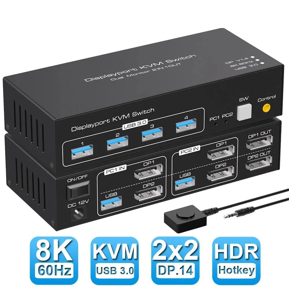 LUOM LUOM SW223-2DP 2-Port Dual Monitor 8K 60Hz 4K 120Hz USB 3.0 KVM Switch — product photo