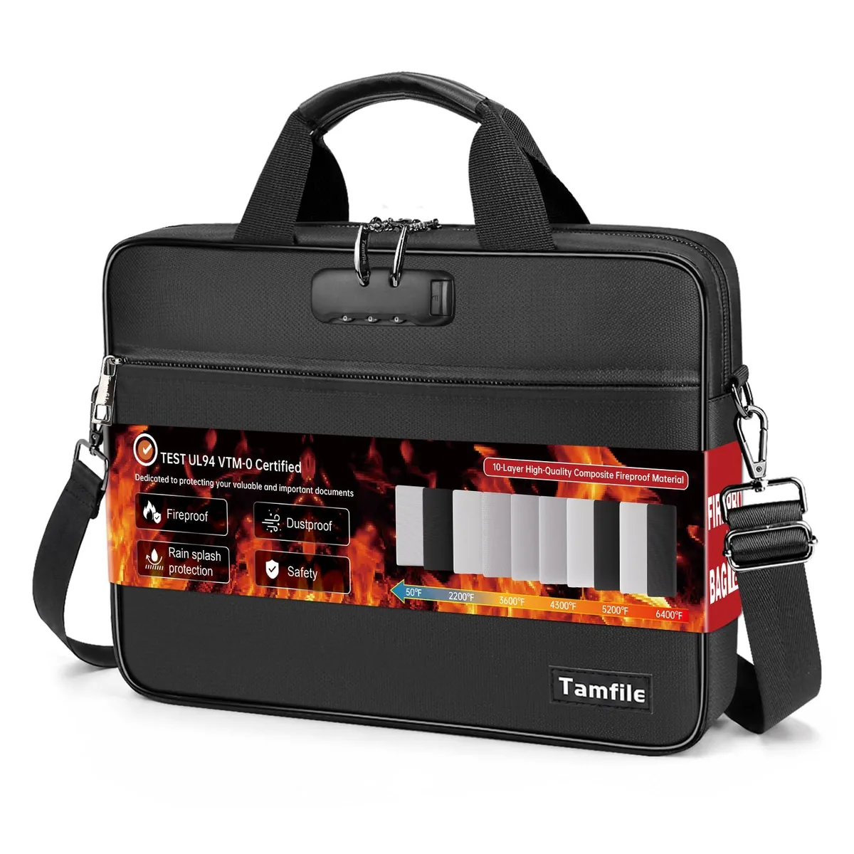 Black fireproof messenger bag with shoulder strap and handle, 14.1 by 10.4 by 2.7 inches