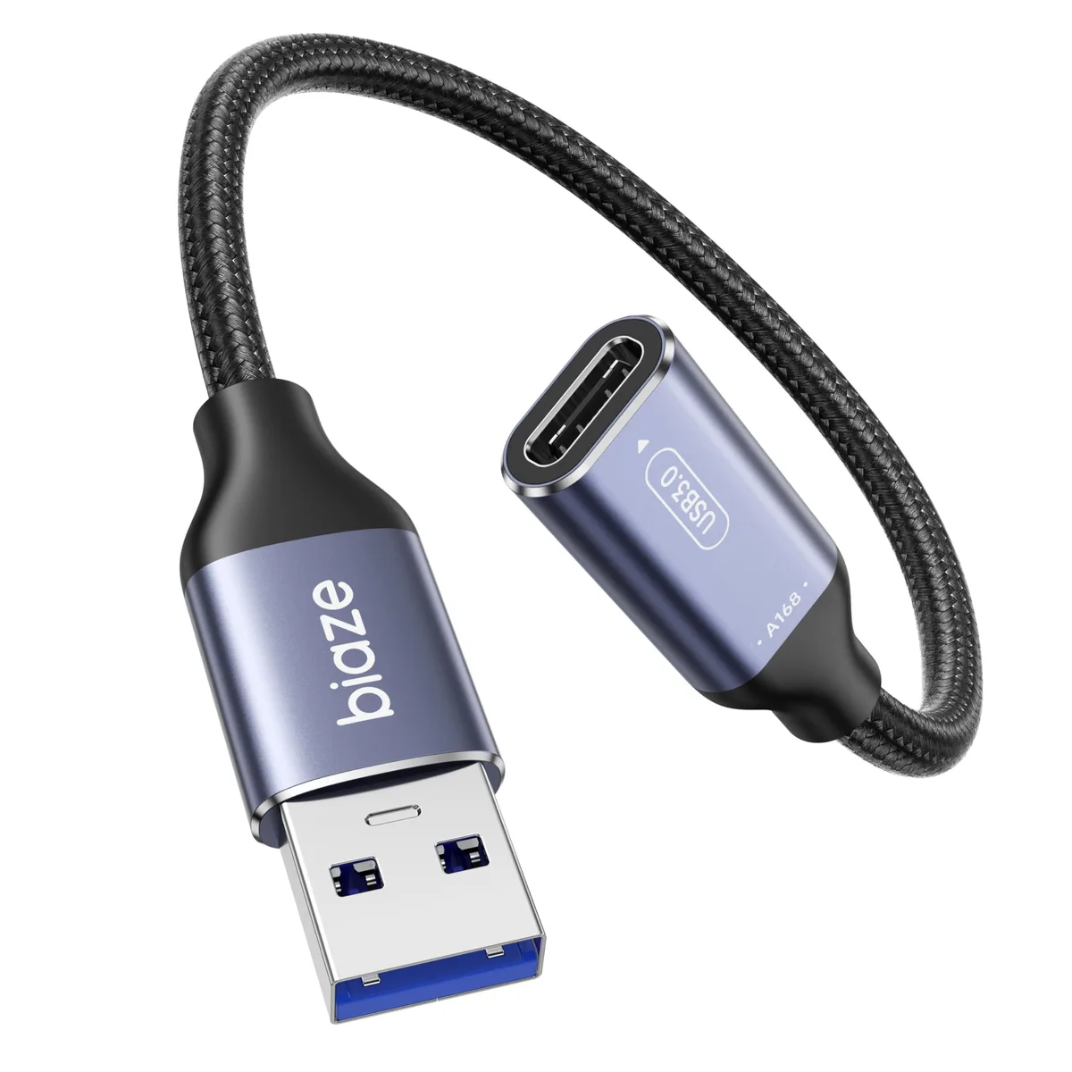 Small blue USB-A male to USB-C female adapter with short cable
