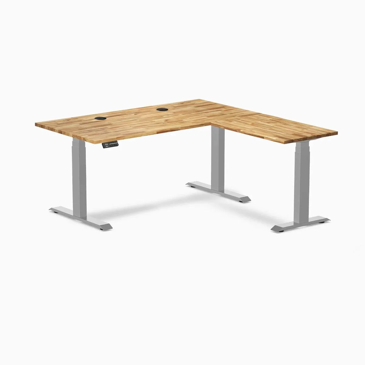 Desky Desky Hardwood L-Shape Sit Stand Desk Acacia 60 x 30 x 62 x 20 in Gray office furniture — product photo