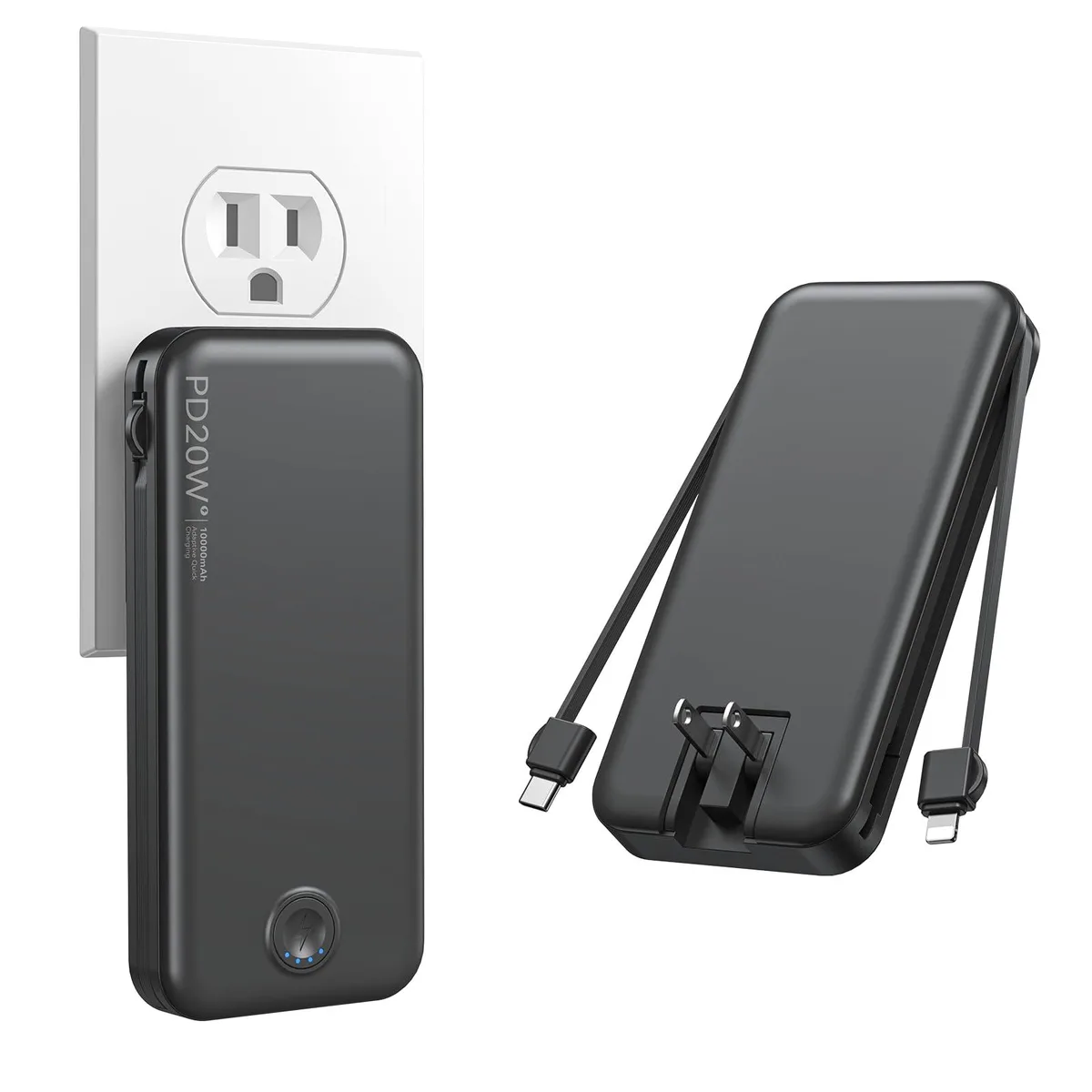 No Sew No Sew AC-02 power bank 10000mAh PD20W built-in cables wall plug black — product photo