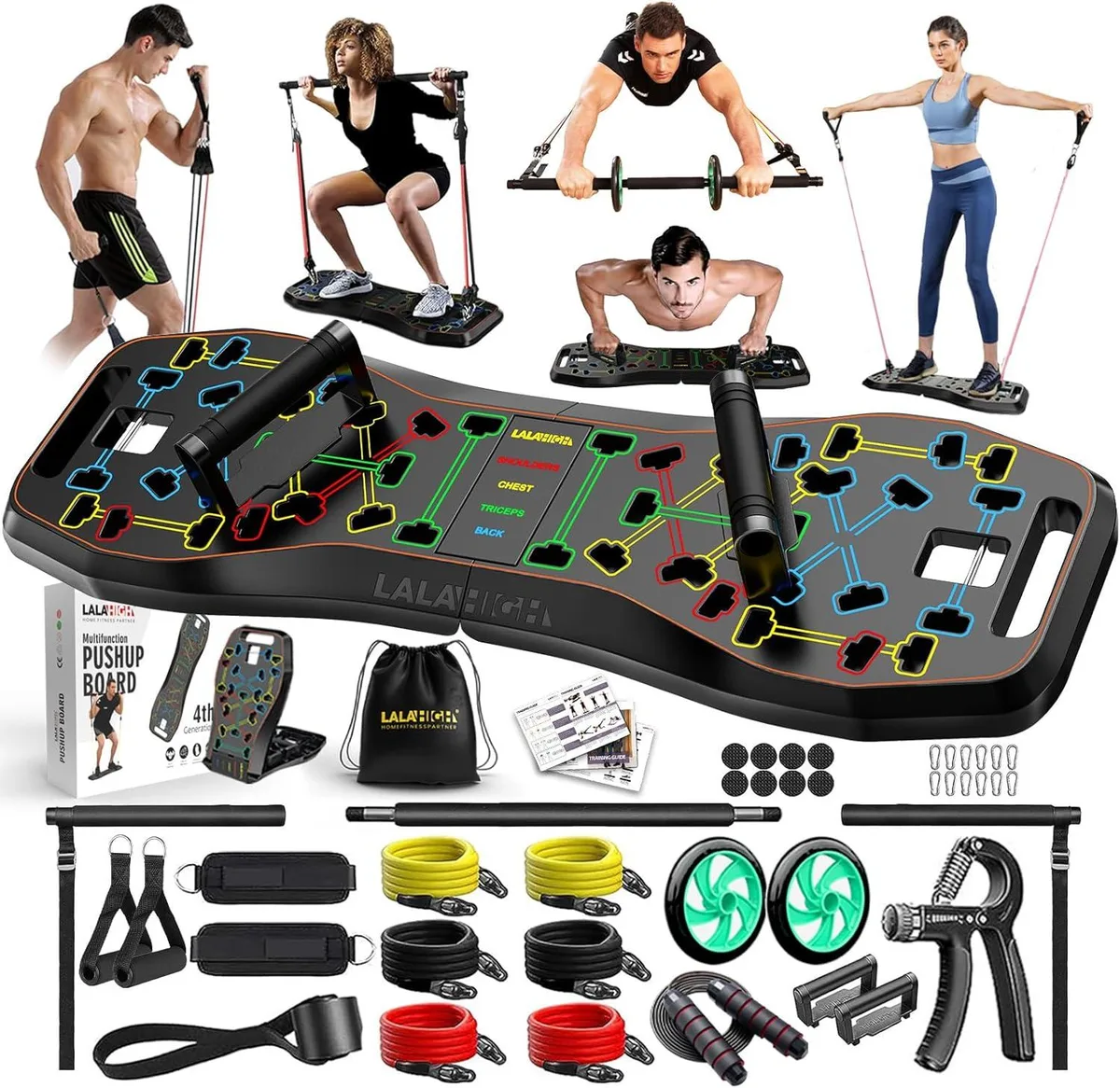 Foldable push-up board with colour-coded slots, resistance bands, Pilates bar and pulleys