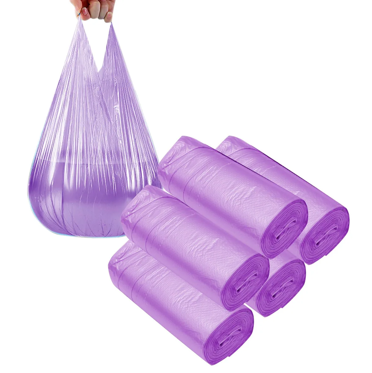Purple plant-based 4 gallon trash bags on five rolls, 100 count total