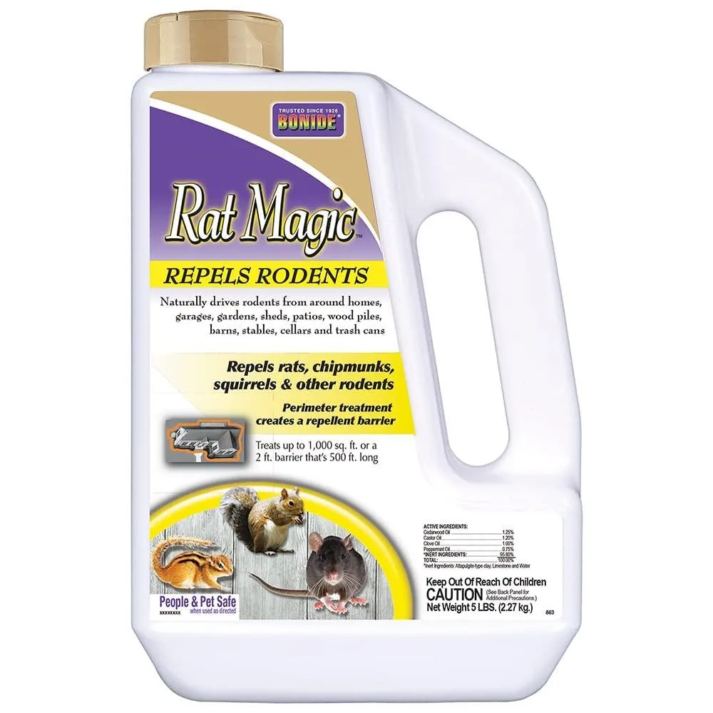 White shaker bottle with green label, rodent repellent granules inside