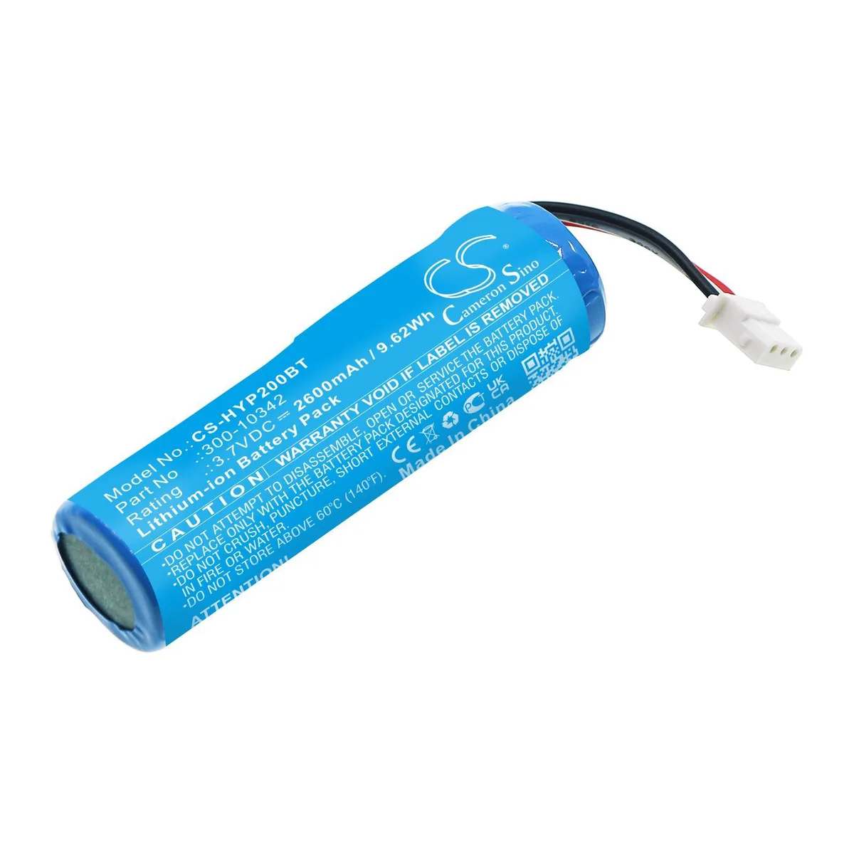 Rectangular replacement battery with connector wires, grey plastic casing, Cameron Sino branding