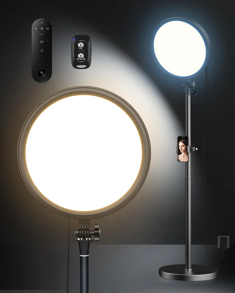 12 inch ring light on tall stand with phone holder and remote