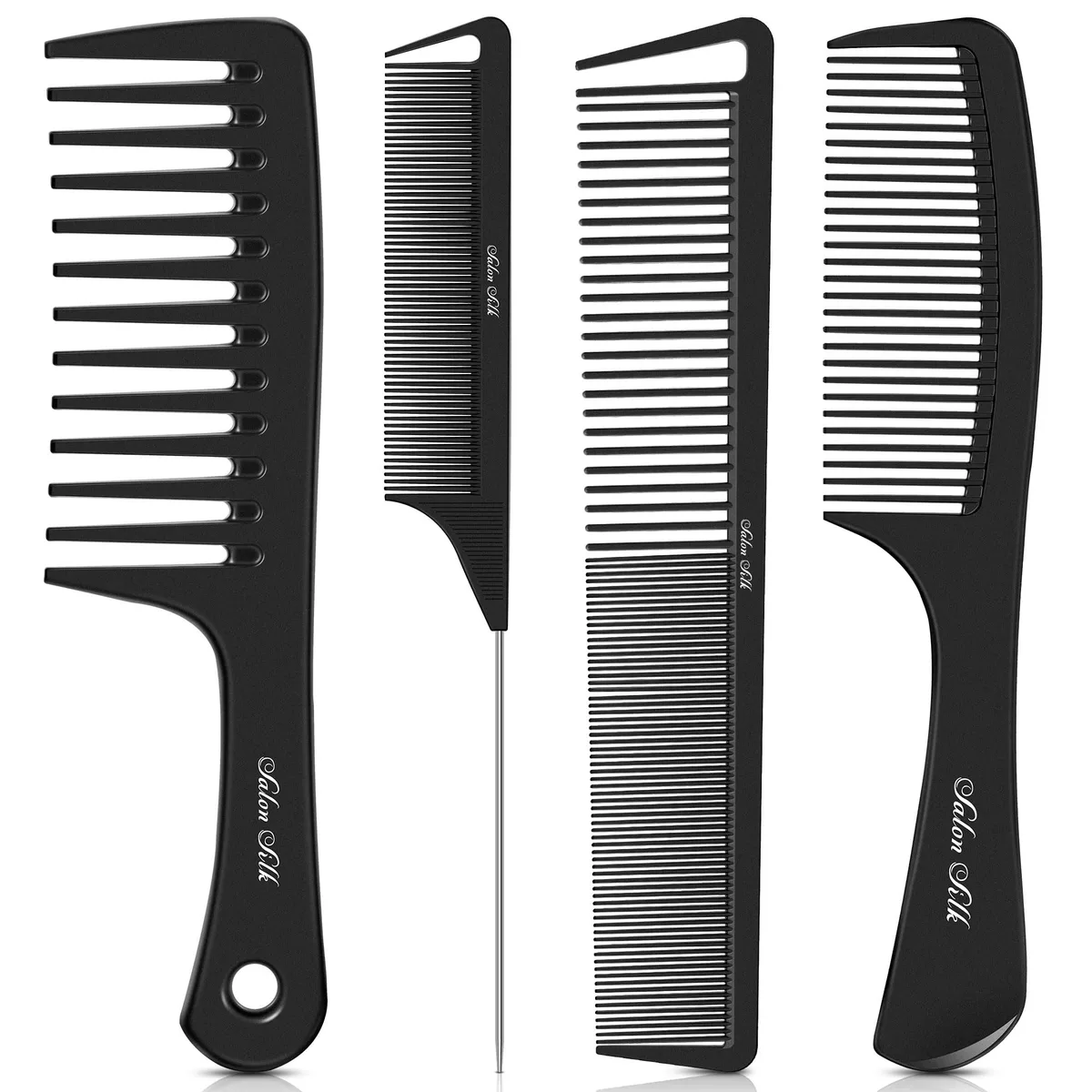 Four carbon fibre combs: wide tooth, rat tail, medium tooth, braiding, matte black finish