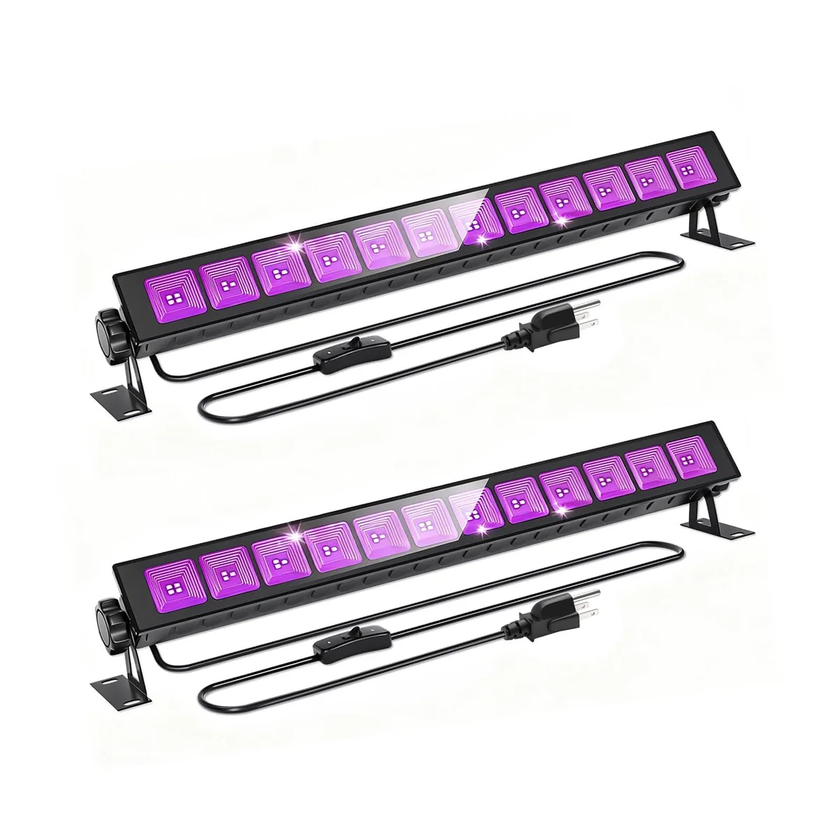 Two purple rectangular LED light bars, 39 cm long, IP66 rated, with plugs and switches