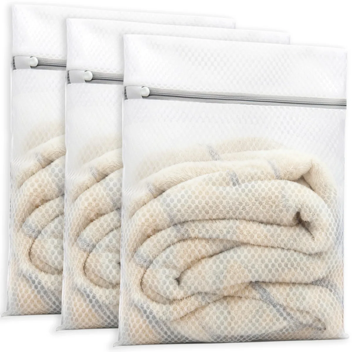 Three beige mesh laundry bags with zippers, 12 by 16 inches