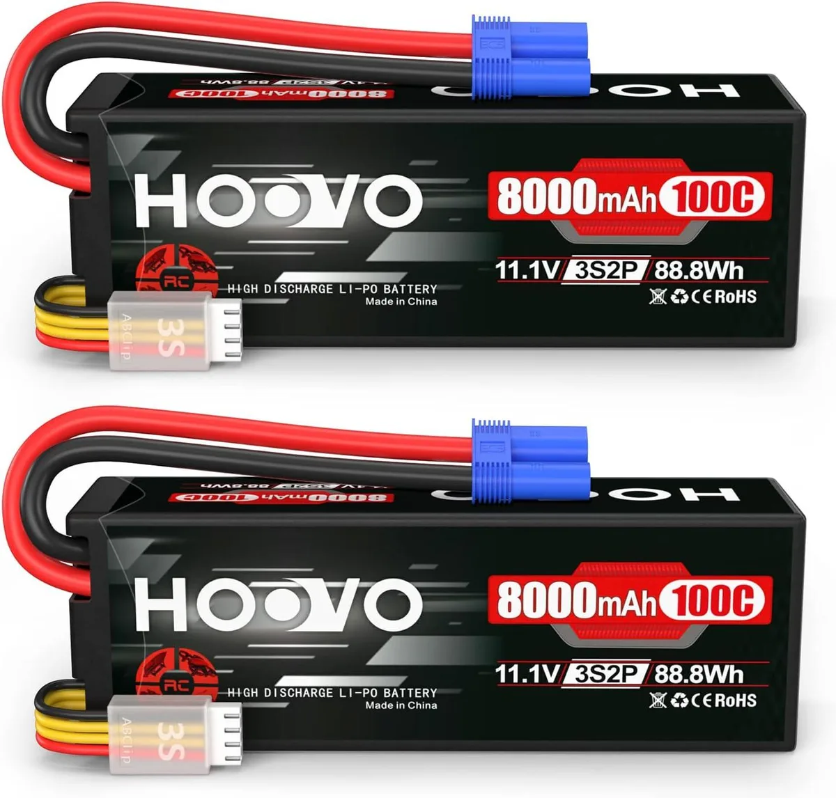 Two black rectangular hard-case LiPo packs with EC5 connectors