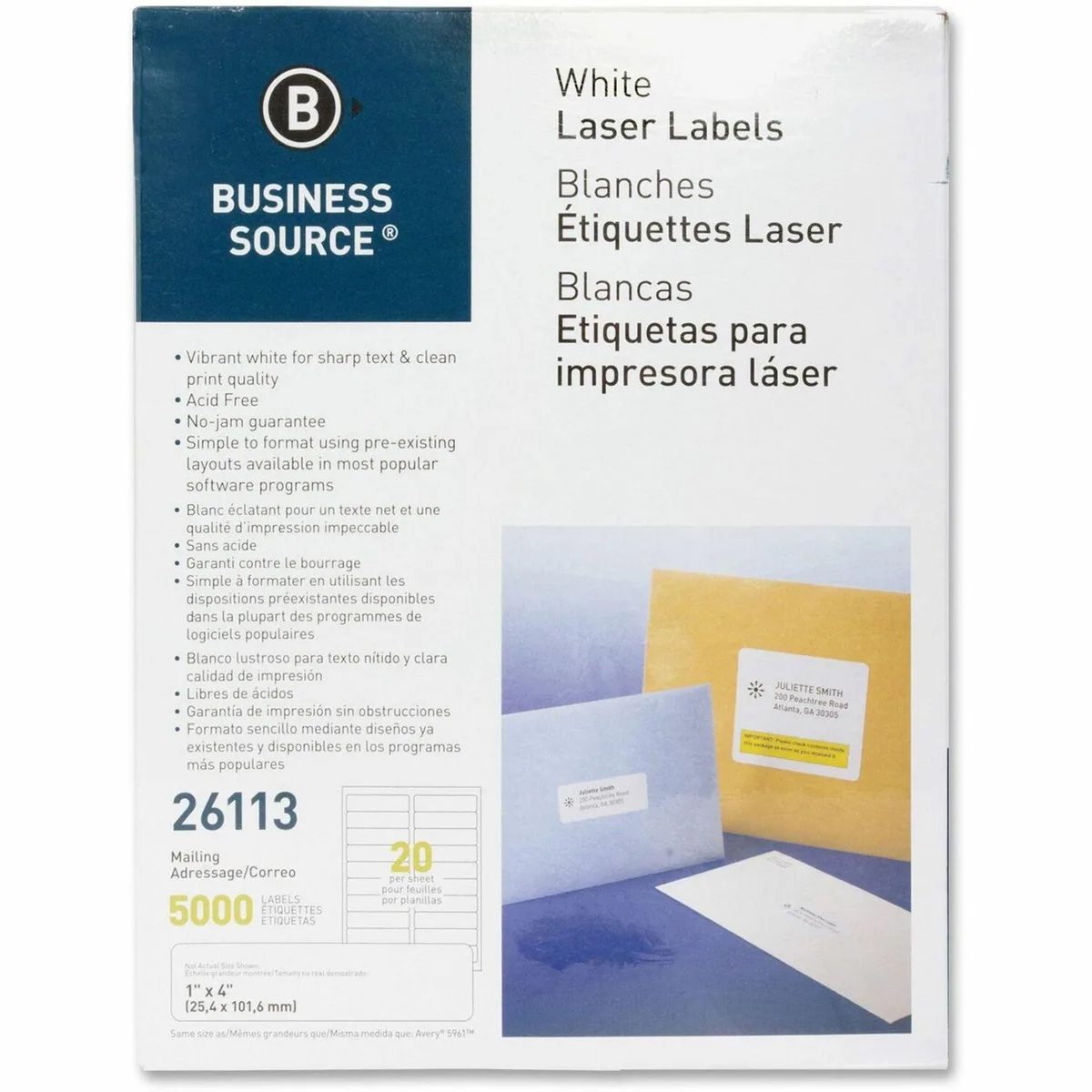 Business Source Business Source 26113 Laser Mailing Labels 1"x4" 5000/Pack White — product photo
