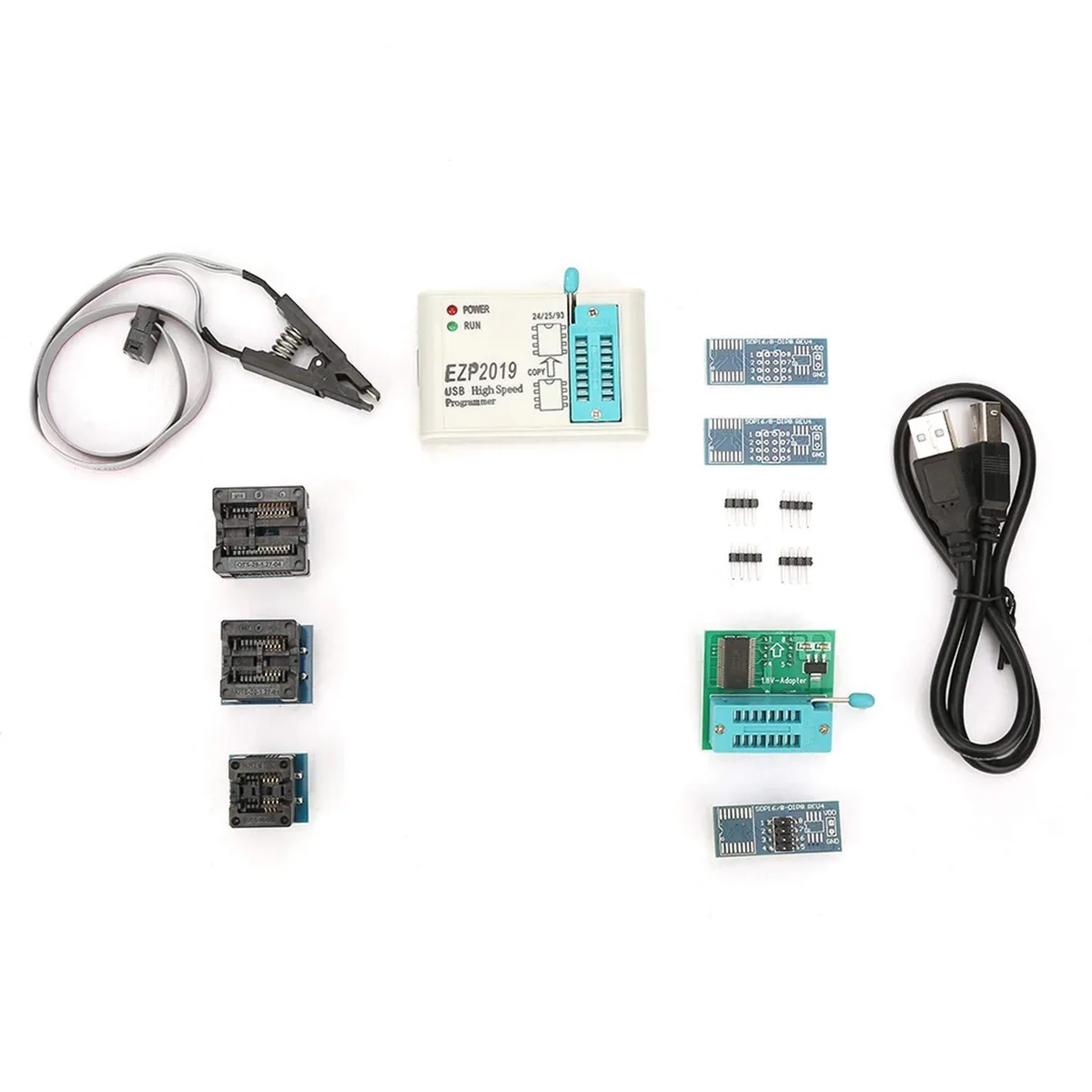 Small black USB 2.0 flash programmer dongle with chip socket and status LEDs