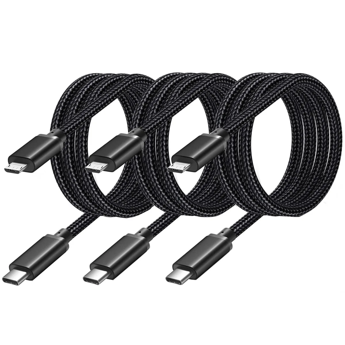 Three black braided USB-C to Micro USB cables coiled together