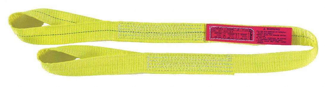 Yellow polyester web sling, 3 inch wide flat strap with reinforced eyes at each end