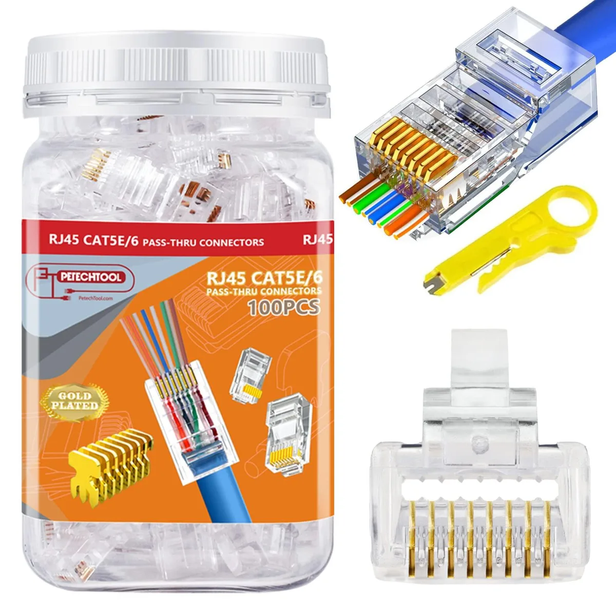 Clear plastic box holding one hundred transparent RJ45 pass-through plugs and a small yellow wire stripper