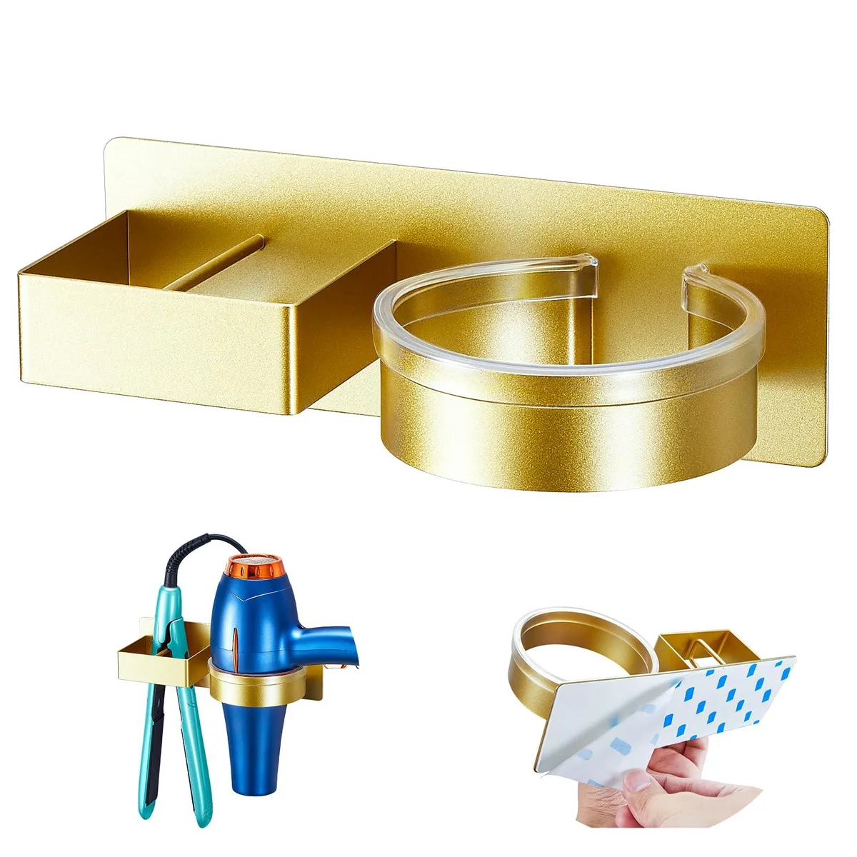 Gold metal wall mount holder for hair dryer and straightener, adhesive backed, open design with silicone pad