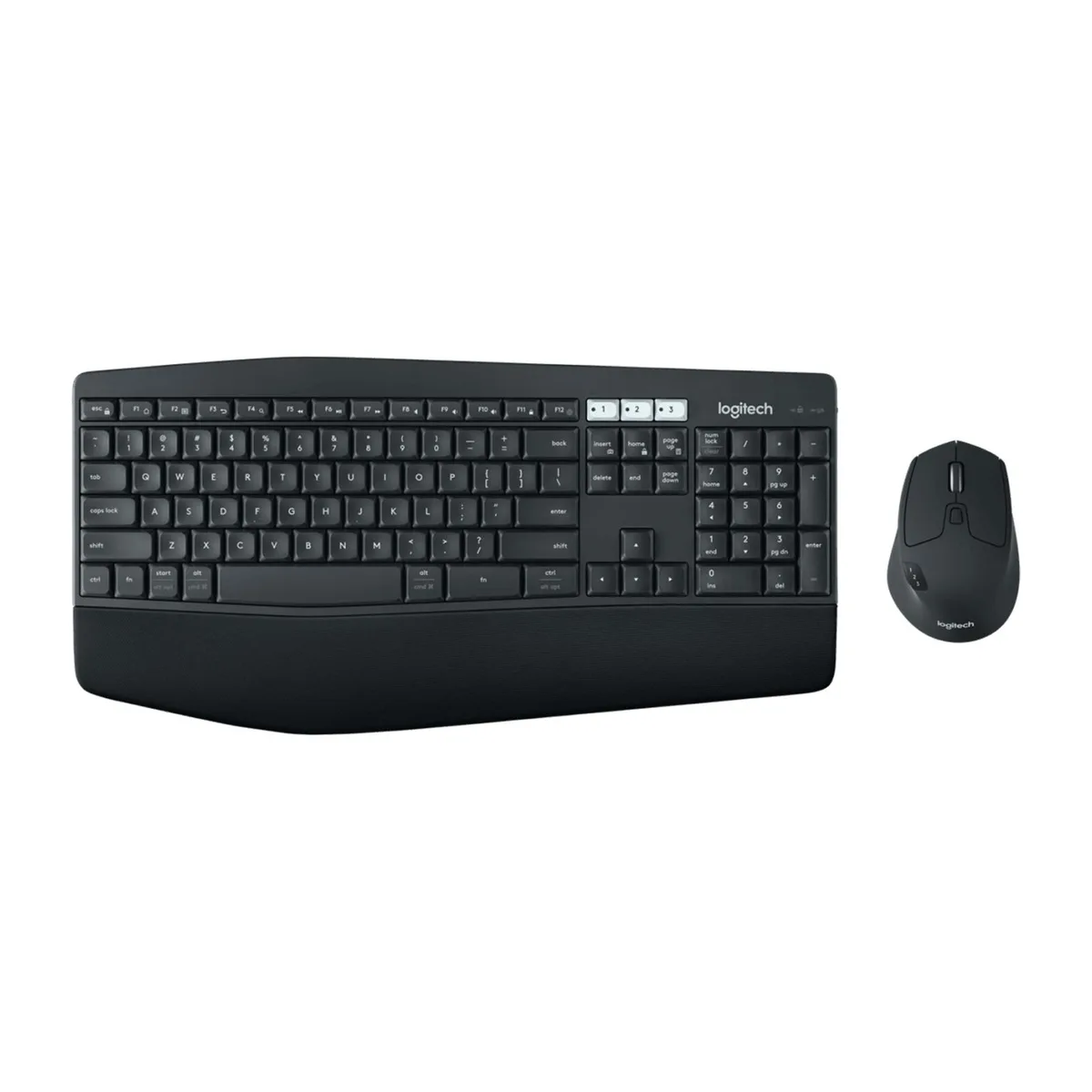 Black Logitech MK850 wireless keyboard with wave-shaped keys and padded palm rest plus matching contoured mouse