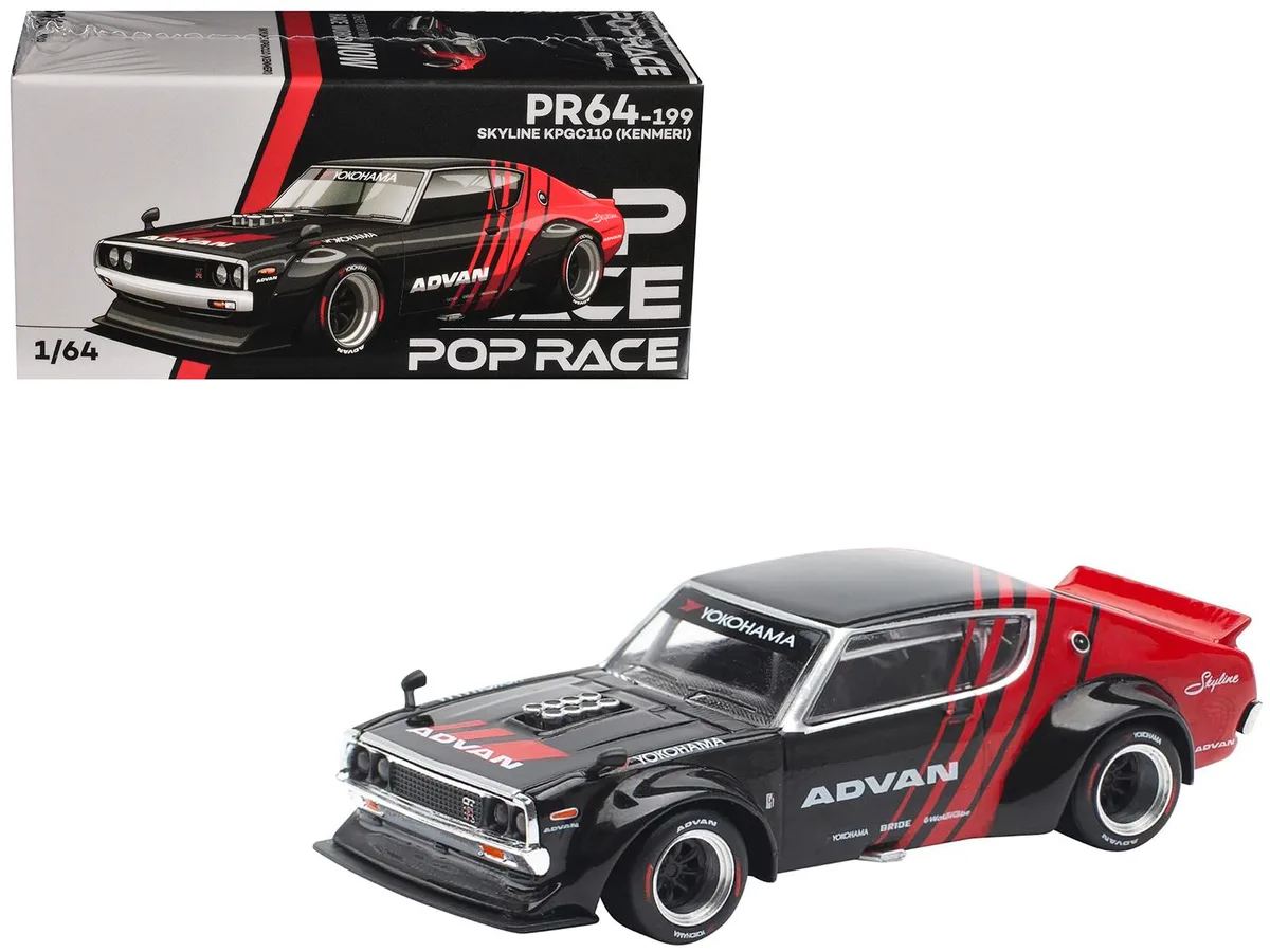 Pop Race Pop Race Skyline KPGC110 Kenmeri RHD ADVAN Black Red 1/64 Die Cast Hobby Collectible — product photo