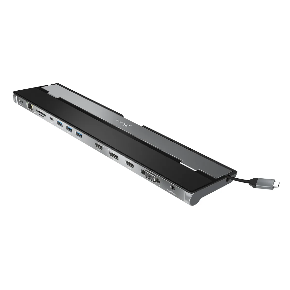 Black rectangular USB-C docking station with multiple ports and cable storage