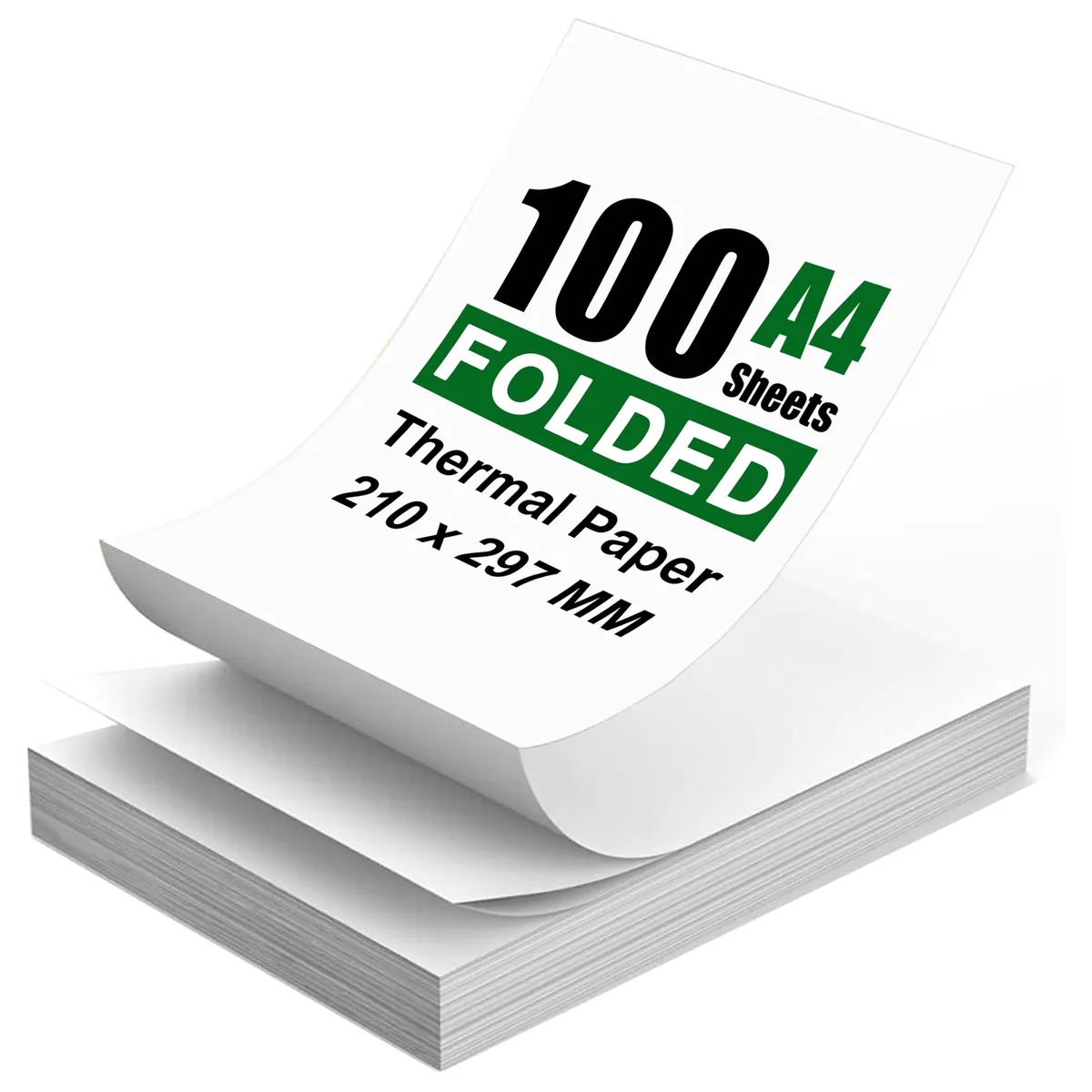 White A4 thermal paper stack, 100 sheets, matte finish, fanfolded