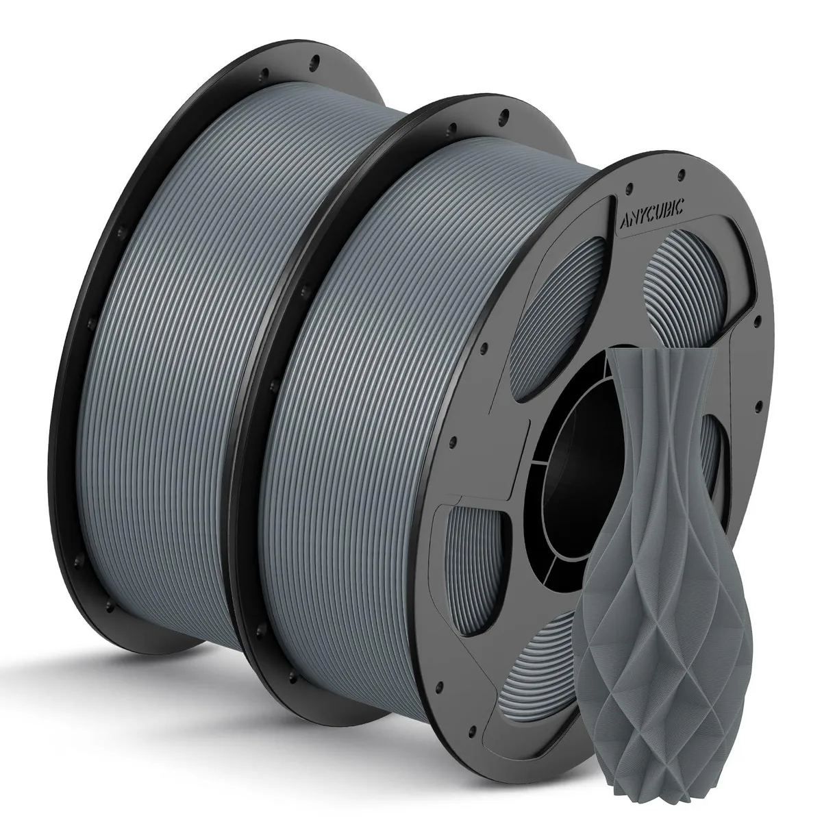 Two 1 kg spools of matte grey PLA filament on reusable reels