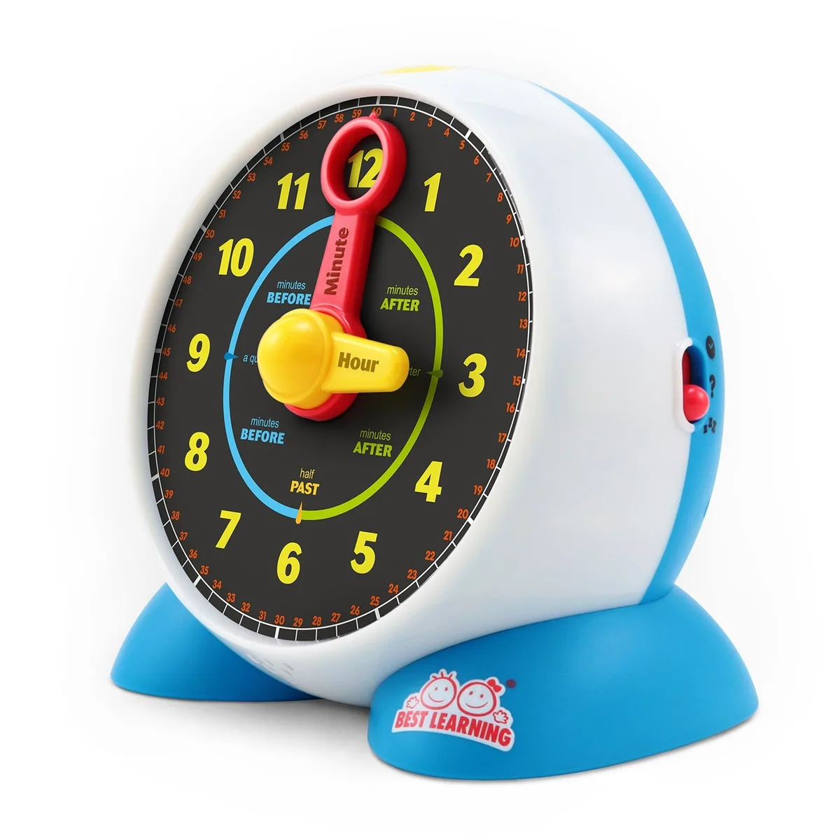 Colourful plastic clock toy with movable hour and minute hands, speaker grille and mode buttons