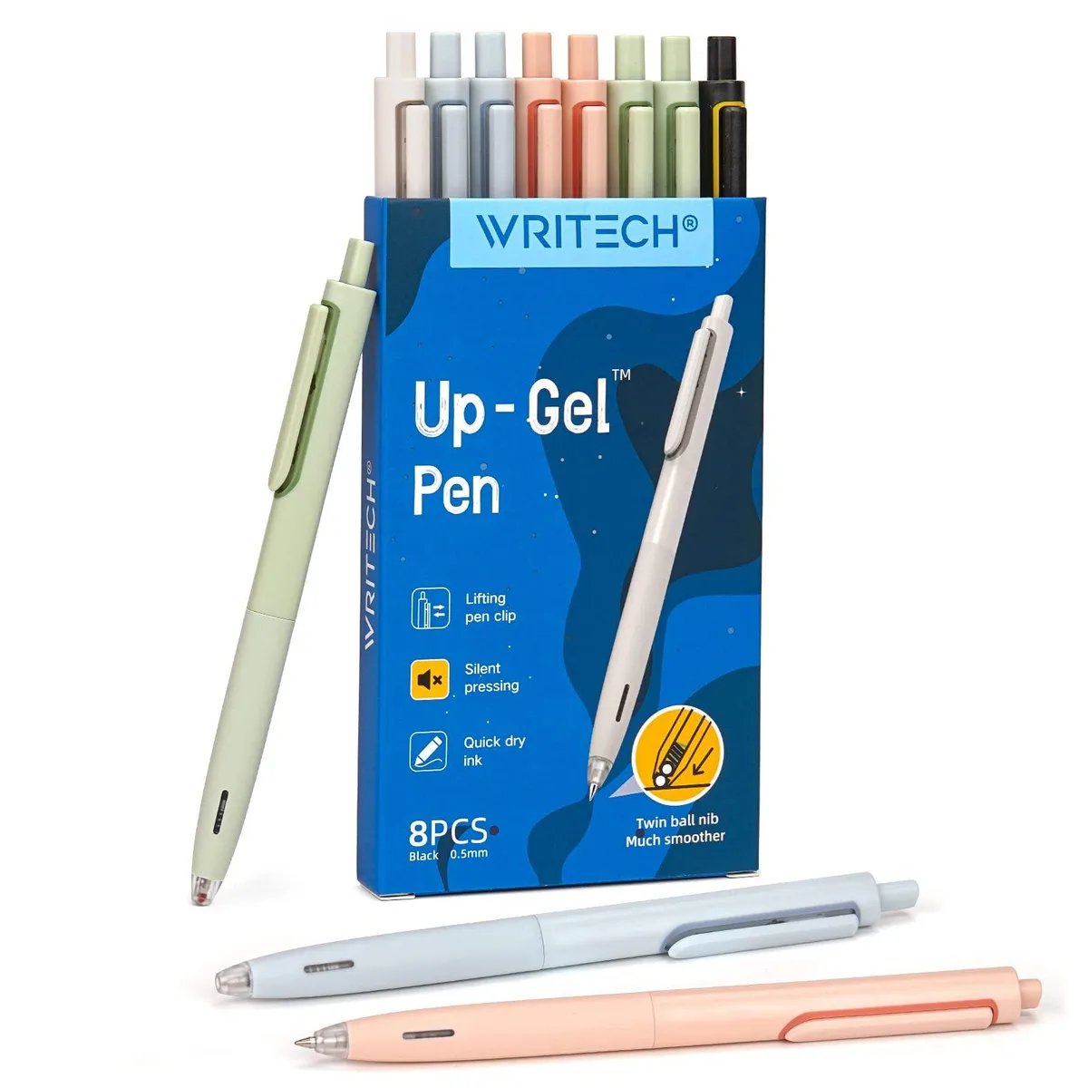 Pack of eight black retractable gel pens with triangular barrels and hatch-door clips