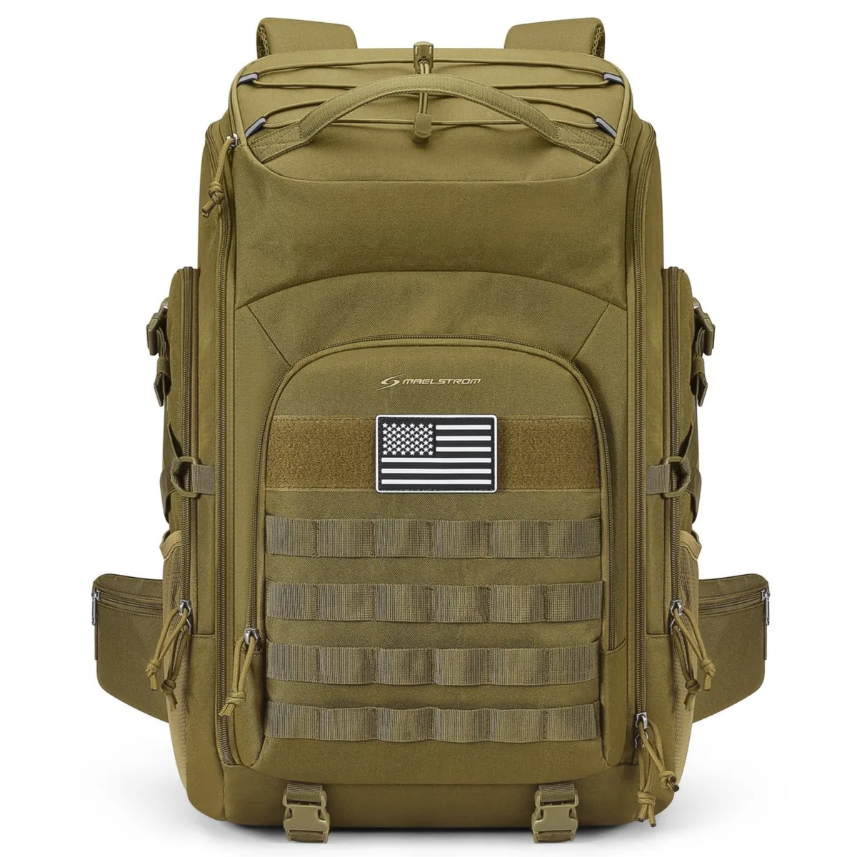 Khaki 40L tactical backpack, polyester, MOLLE front panel, compression straps, laptop compartment