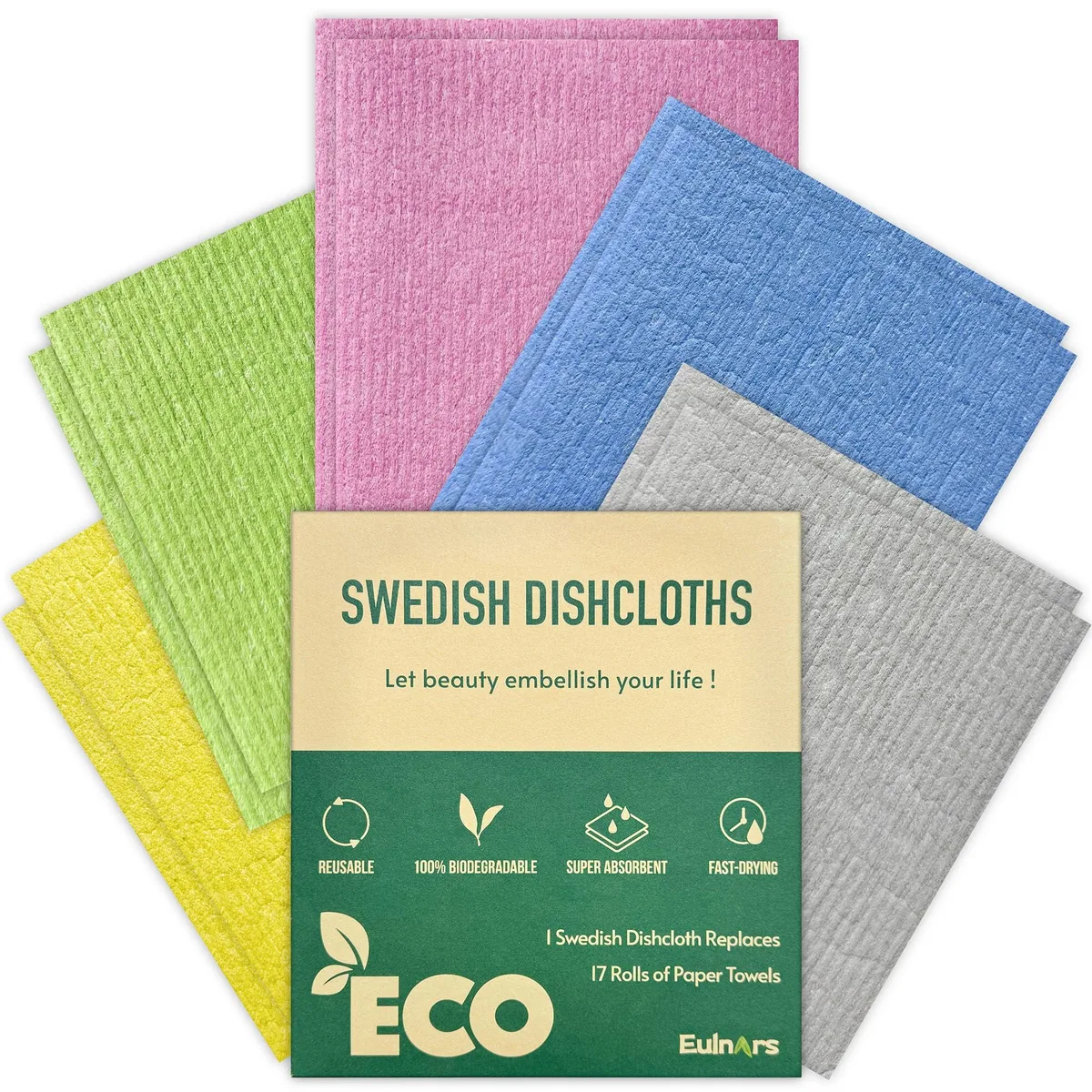 Ten white cellulose sponge cloths stacked flat, each about 7.8 by 6.8 inches