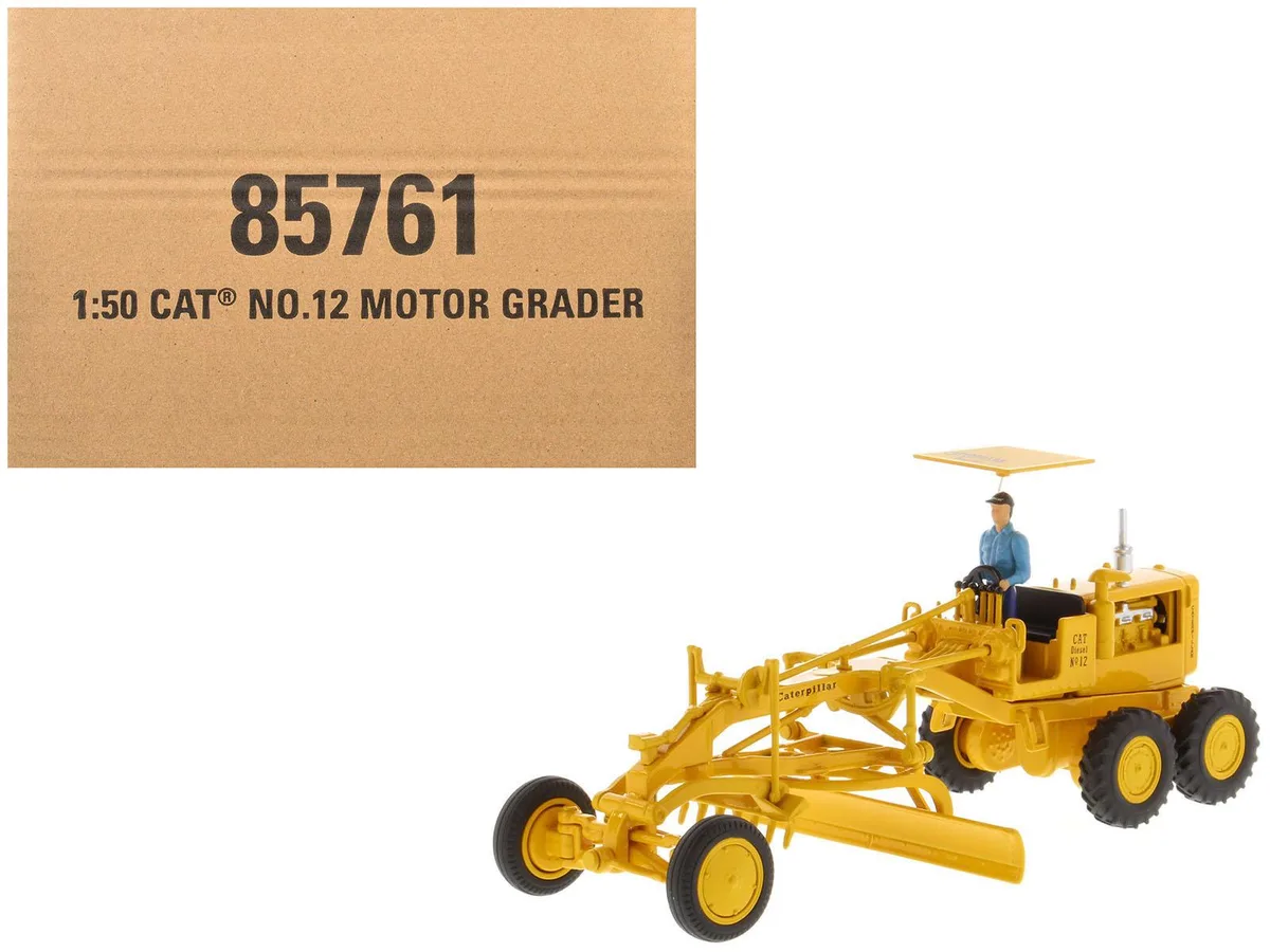 DieCast Masters DieCast Masters CAT No.12 Motor Grader Yellow with Operator Vintage Series 1/50 Diecast Model — product photo
