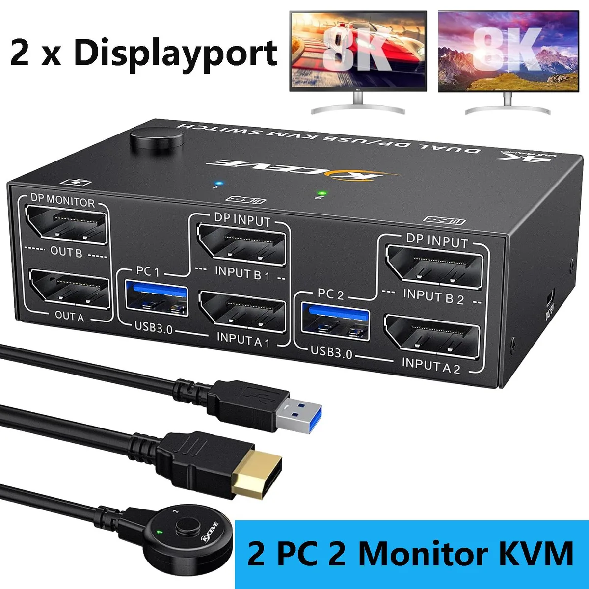 IHDAPP IHDAPP 202DP-USB3.0 2-Port Dual Monitor DP 1.4 KVM Switch 8K@30Hz 4K@144Hz — product photo