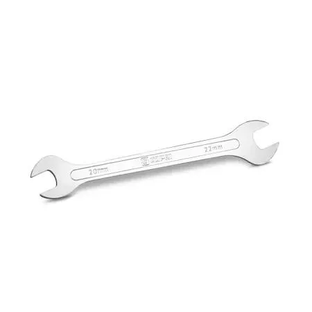A silver double-ended wrench with slim 20 mm and 22 mm open jaws