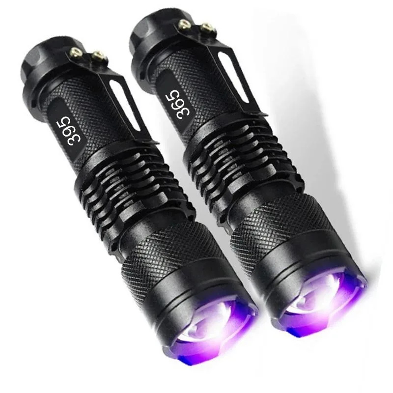 Black aluminium UV torch 92mm long 26mm wide 22mm deep zoomable 365nm 395nm light