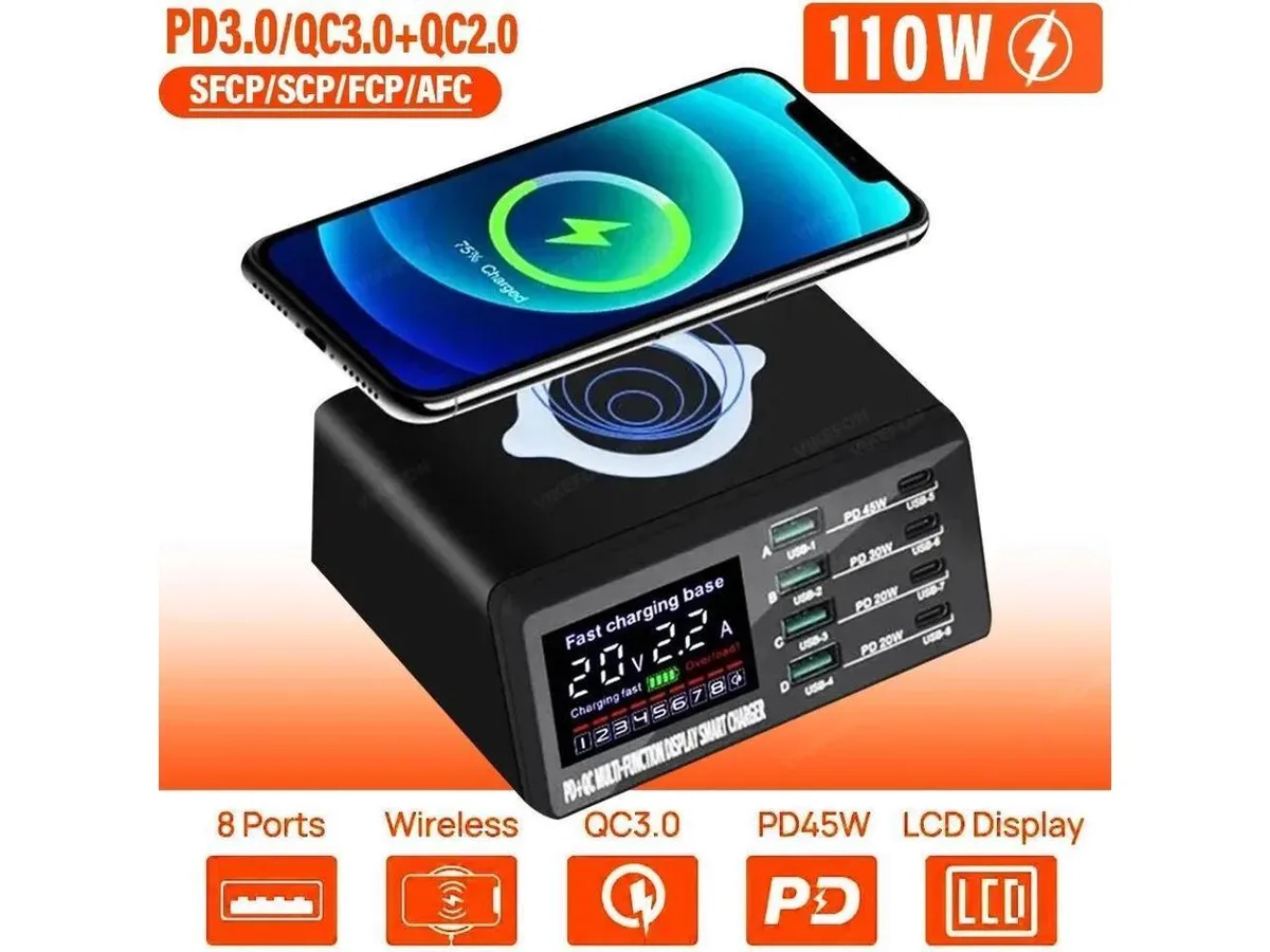 IXJYLCPC IXJYLCPC 8 Port Charging Station 45W USB C PD 3.0 15W Wireless Charger — product photo