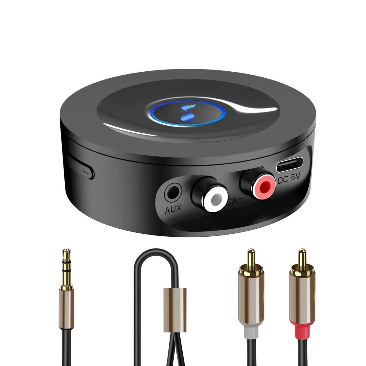 Small square gray Bluetooth 5.2 receiver with RCA and 3.5mm outputs
