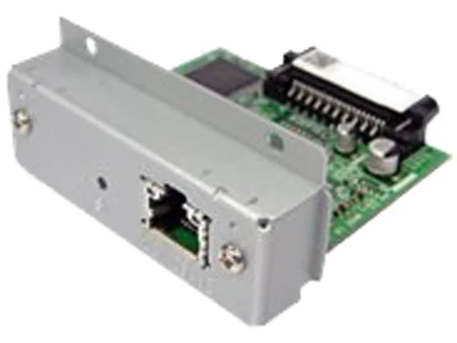 Green rectangular circuit board with Ethernet port and gold connectors
