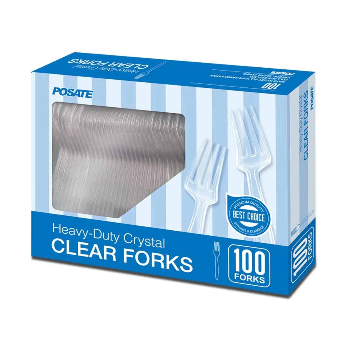 Box of 100 clear heavy-duty plastic forks, 7.1 inches long