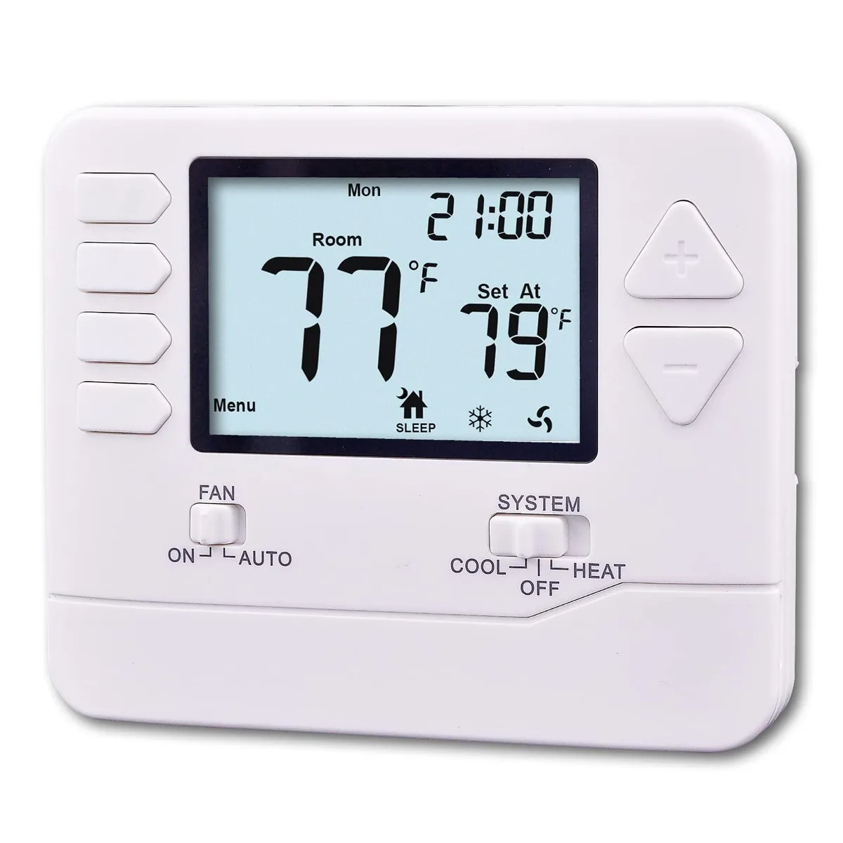 White rectangular wall thermostat with LCD display and push buttons