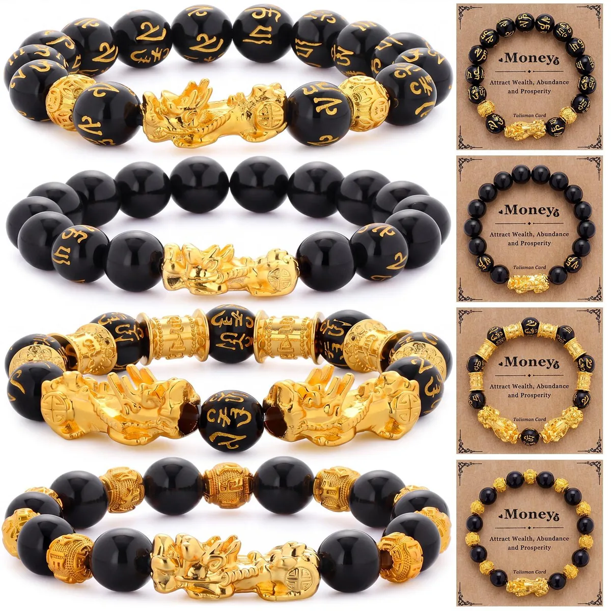  Kingdder Pi Xiu Black Obsidian Bracelet 4‑set 12mm — product photo