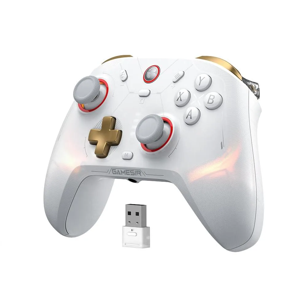 White wireless gamepad with textured grips and RGB lighting