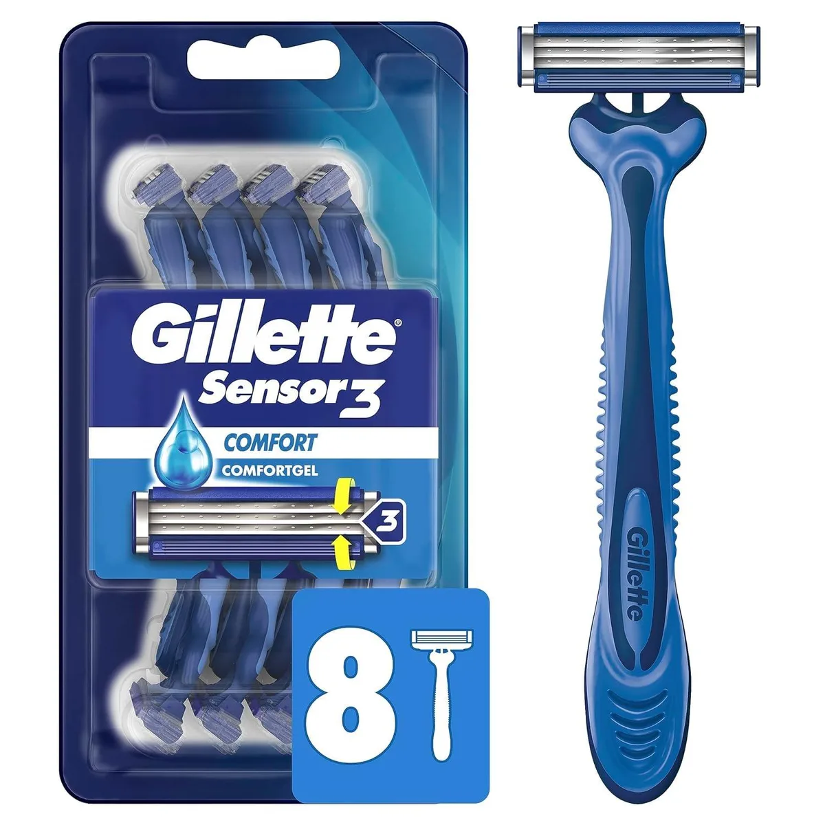 Blue disposable razors in a rectangular pack, eight units with three blades each, pivoting heads and rubber handles