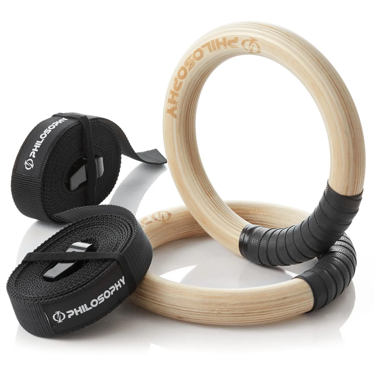 Philosophy Gym Philosophy Gym Wood Gymnastic Rings 1.25" 15ft Straps 800lb fitness accessory — product photo