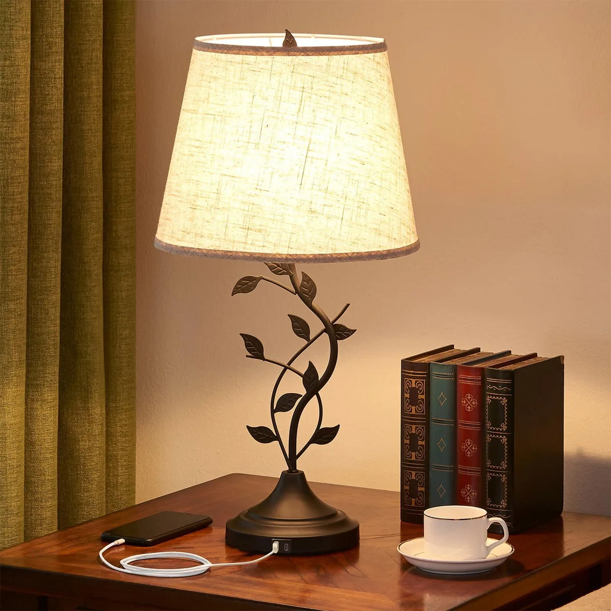 Beige fabric shade on tree-branch wood base with USB-A and USB-C ports