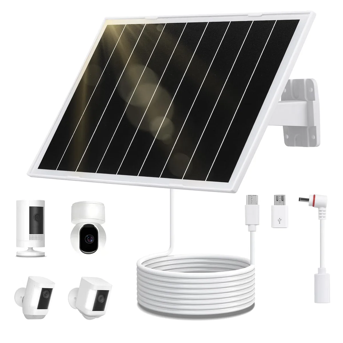White rectangular solar panel 9.25 by 6.69 by .4 inches with adjustable mount and 9.5 ft cable