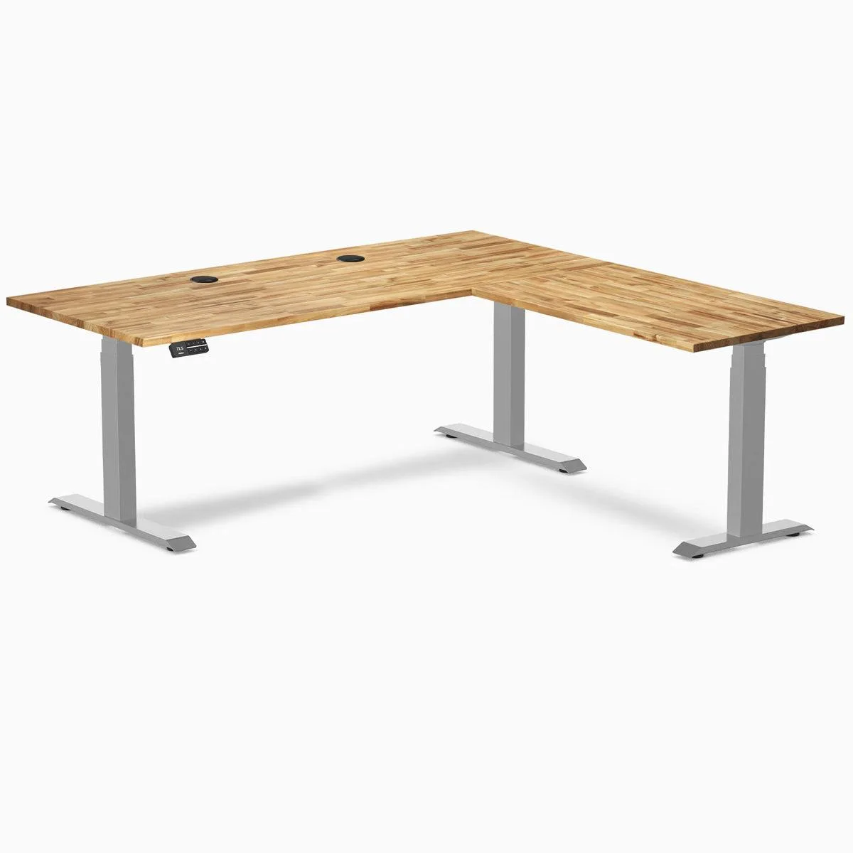 Desky Desky Hardwood L-Shape Sit Stand Desk Acacia 72 x 30 x 70 x 24 in Gray 496 lbs — product photo