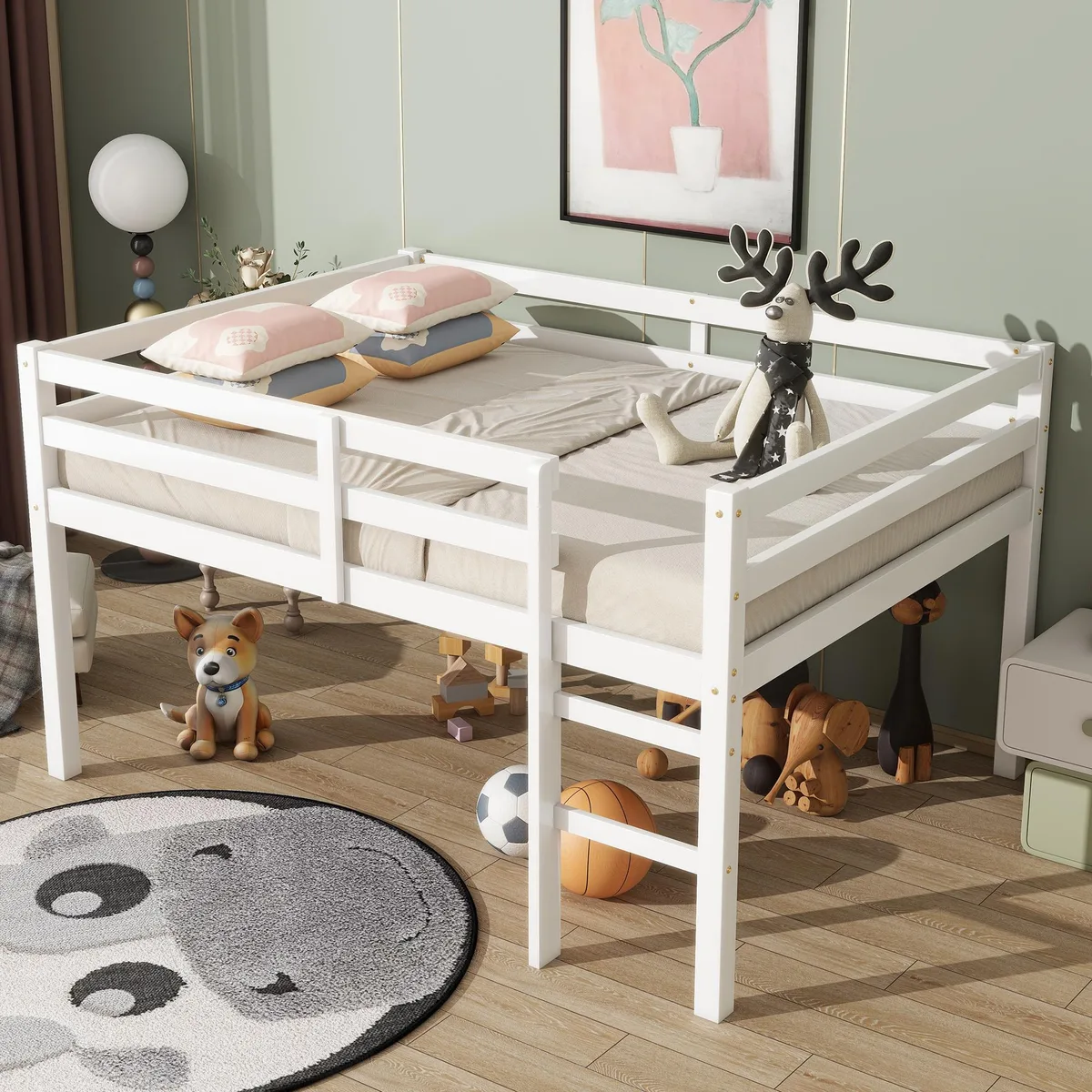 White rubber wood loft bed with integrated ladder and high guard rails